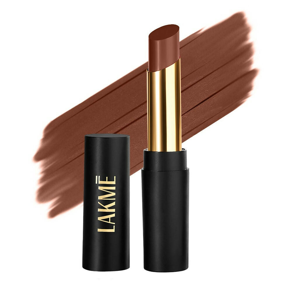 Lakme lipstick with black casing and gold accents on a white background