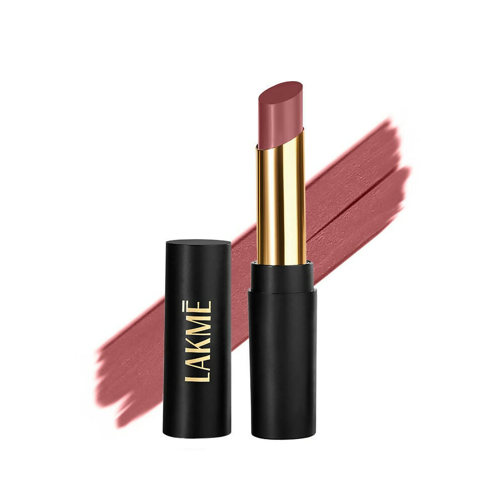 Lakme lipstick with black casing and gold accents on a white background