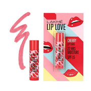 Lakme Lip Love cherry lip care product with packaging on a colorful background
