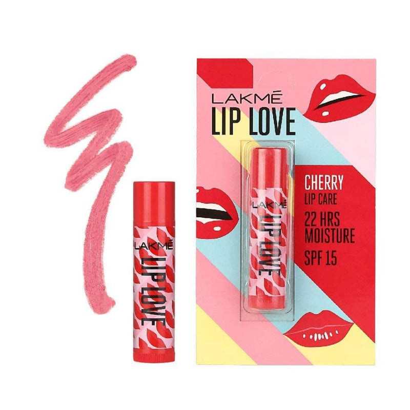 Lakme Lip Love cherry lip care product with packaging on a colorful background