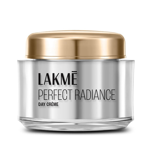 A jar of Lakme Perfect Radiance Day Crème with a silver body and a gold lid.