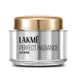 A jar of Lakme Perfect Radiance Day Crème with a silver body and a gold lid.