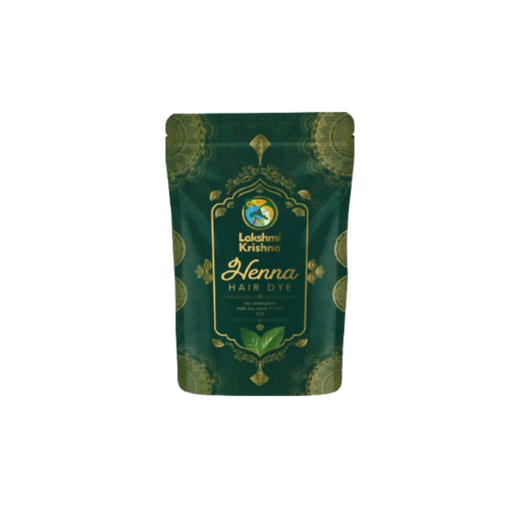 Green package of Lakshmi Krishna Henna Hair Dye on a white background