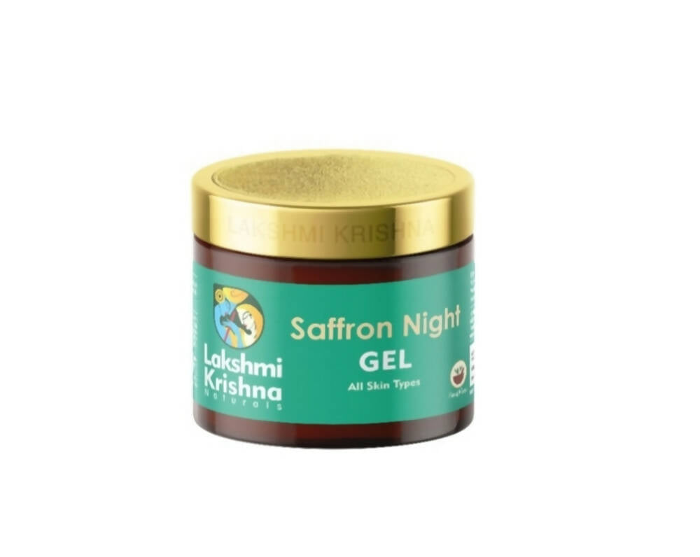Lakshmi Krishna Saffron Night Gel jar with gold lid on a white background