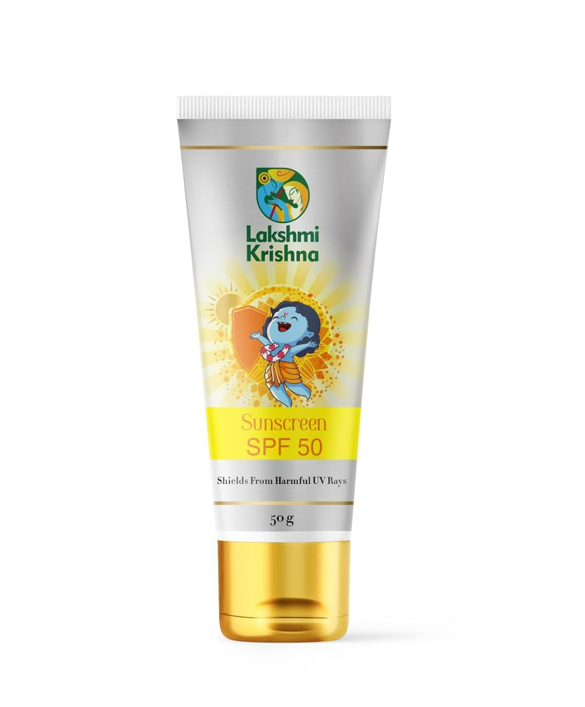 Lakshmi Krishna sunscreen tube with SPF 50 on a white background