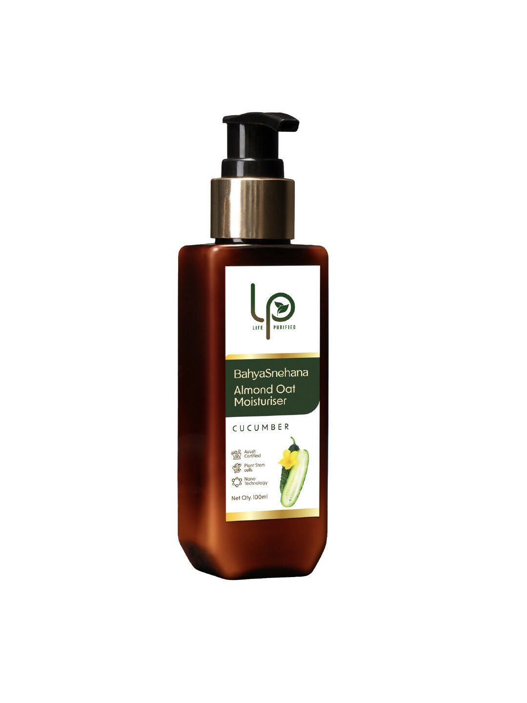 Brown bottle of Almond Oat Moisturizer with a label on a white background