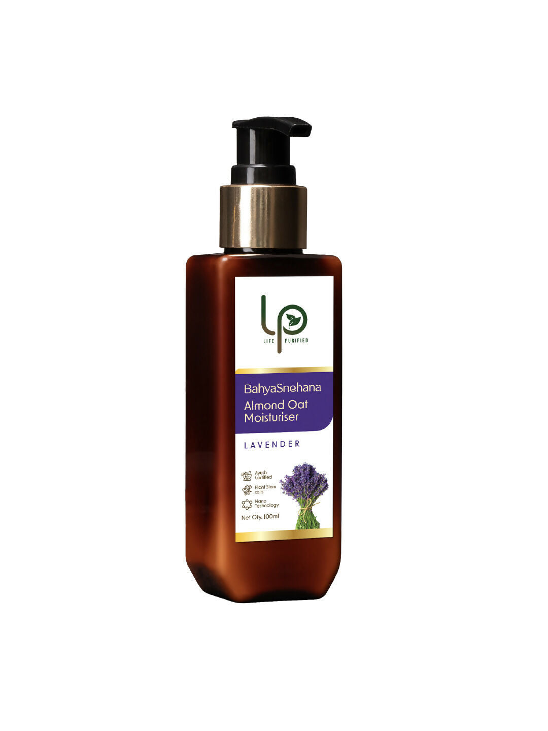 Bottle of Almond Oat Moisturizer with Lavender on a white background