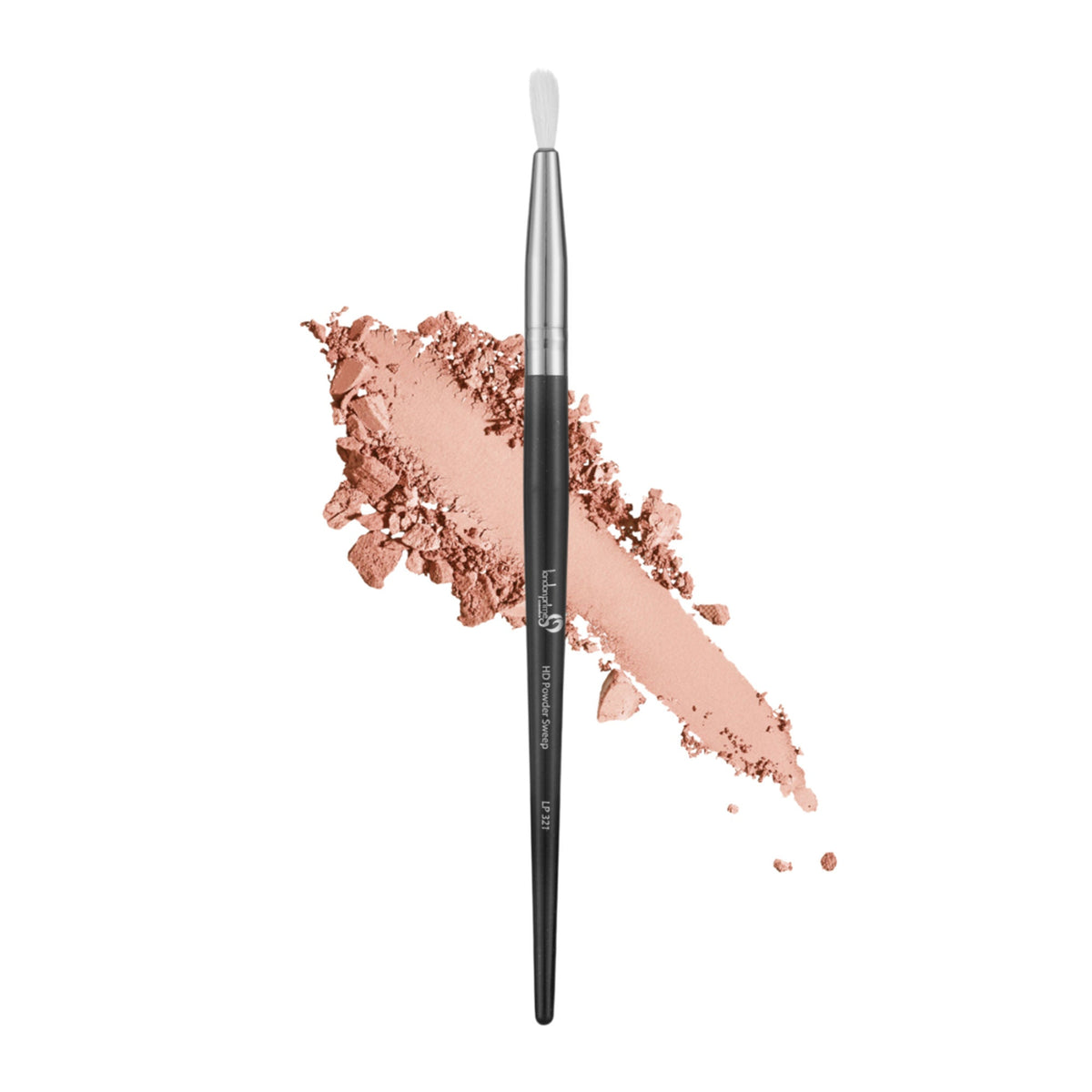 Makeup brush with pink powder on a white background