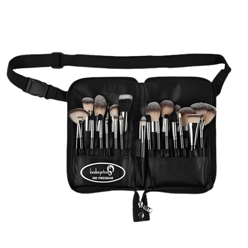 Makeup brush set in a black carrying case on a white background