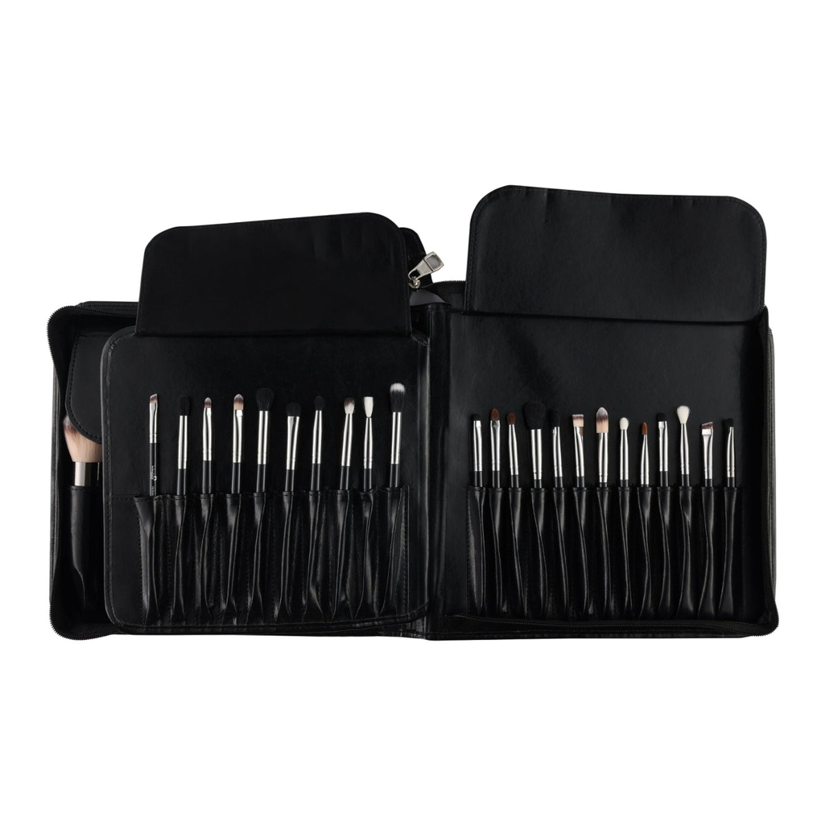 Set of makeup brushes in a black case on a white background