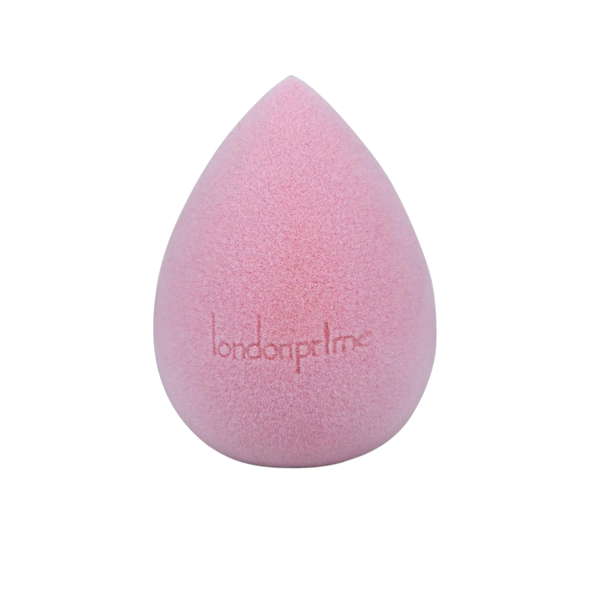 Pink makeup sponge with 'londonprime' branding on a white background
