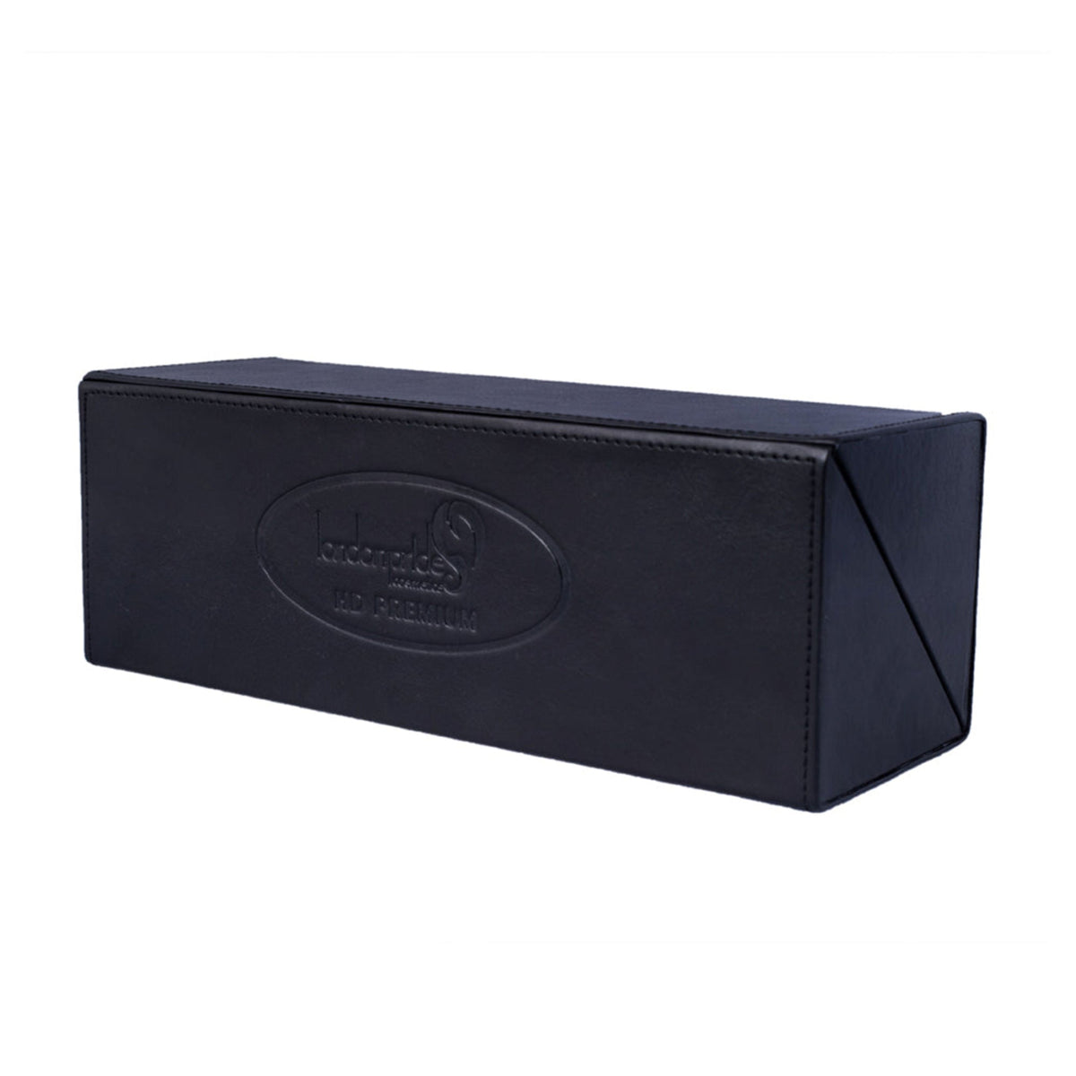 Black rectangular box with a brand logo on a white background