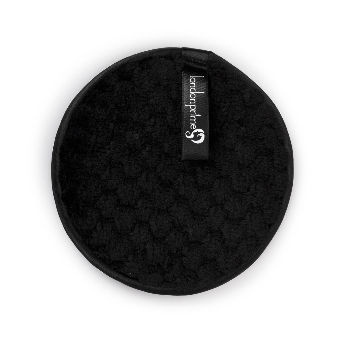 Black round makeup puff with 'London Prime' branding on a white background