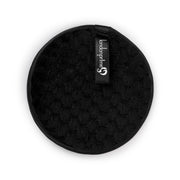 Black round makeup puff with 'London Prime' branding on a white background