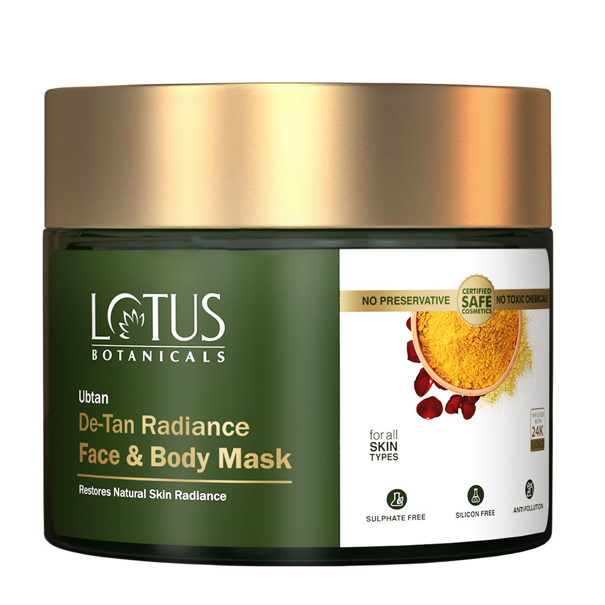 Lotus Botanicals Ubtan De-Tan Radiance Face & Body Mask jar with gold lid on a white background