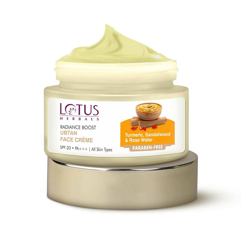 Jar of Lotus Herbals Radiance Boost Lutan Face Crème on a white background