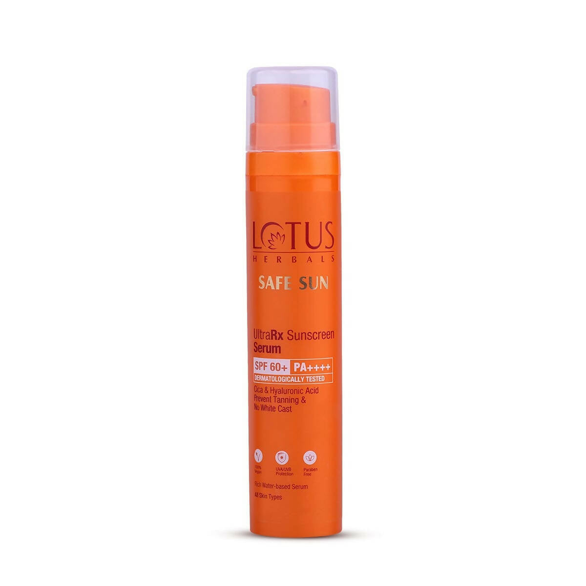 Orange bottle of Lotus Herbals Safe Sun Ultra-Rx Sunscreen Serum on a white background