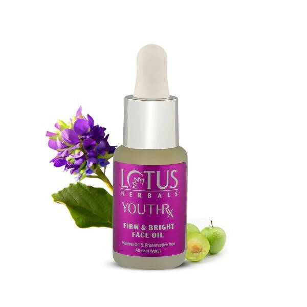 Lotus Herbals YouthRx face oil bottle with a purple label on a white background