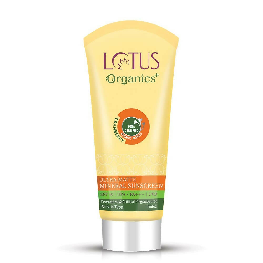 Tube of Lotus Organics sunscreen on a white background