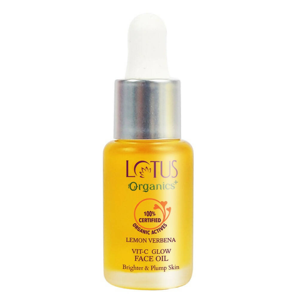 Yellow bottle of Lotus Organics Lemon Verbena Vitamin C Glow Face Oil on a white background