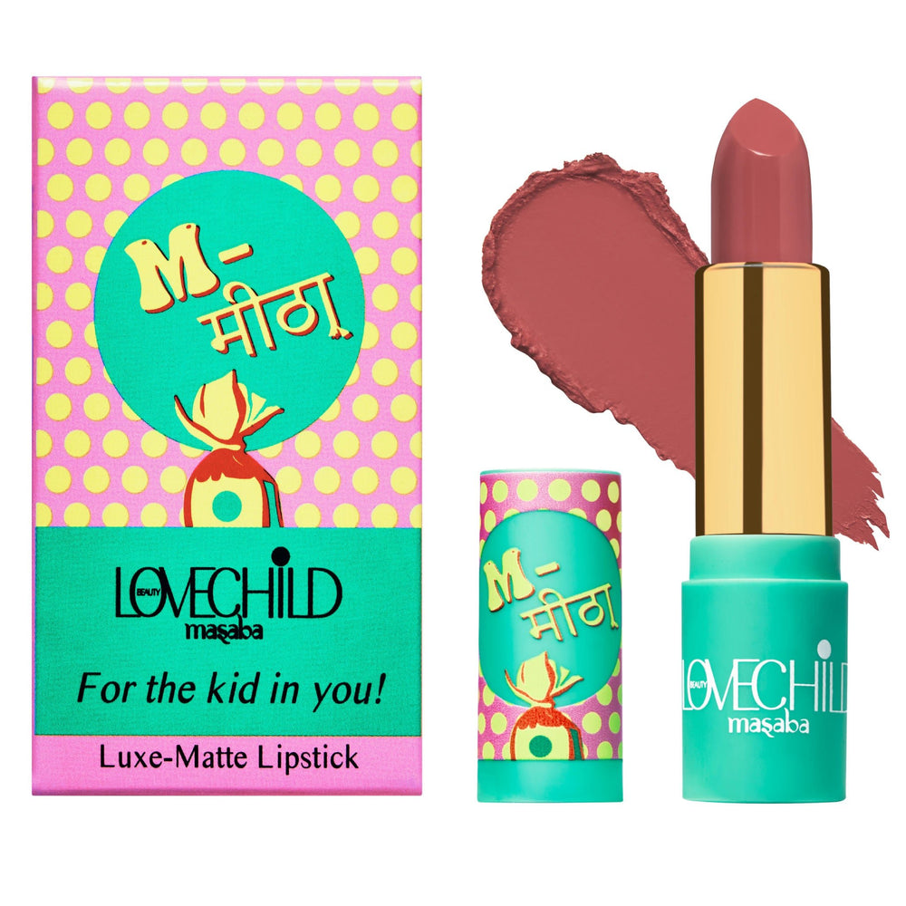 Luxe-Matte Lipstick with packaging and swatch on a white background