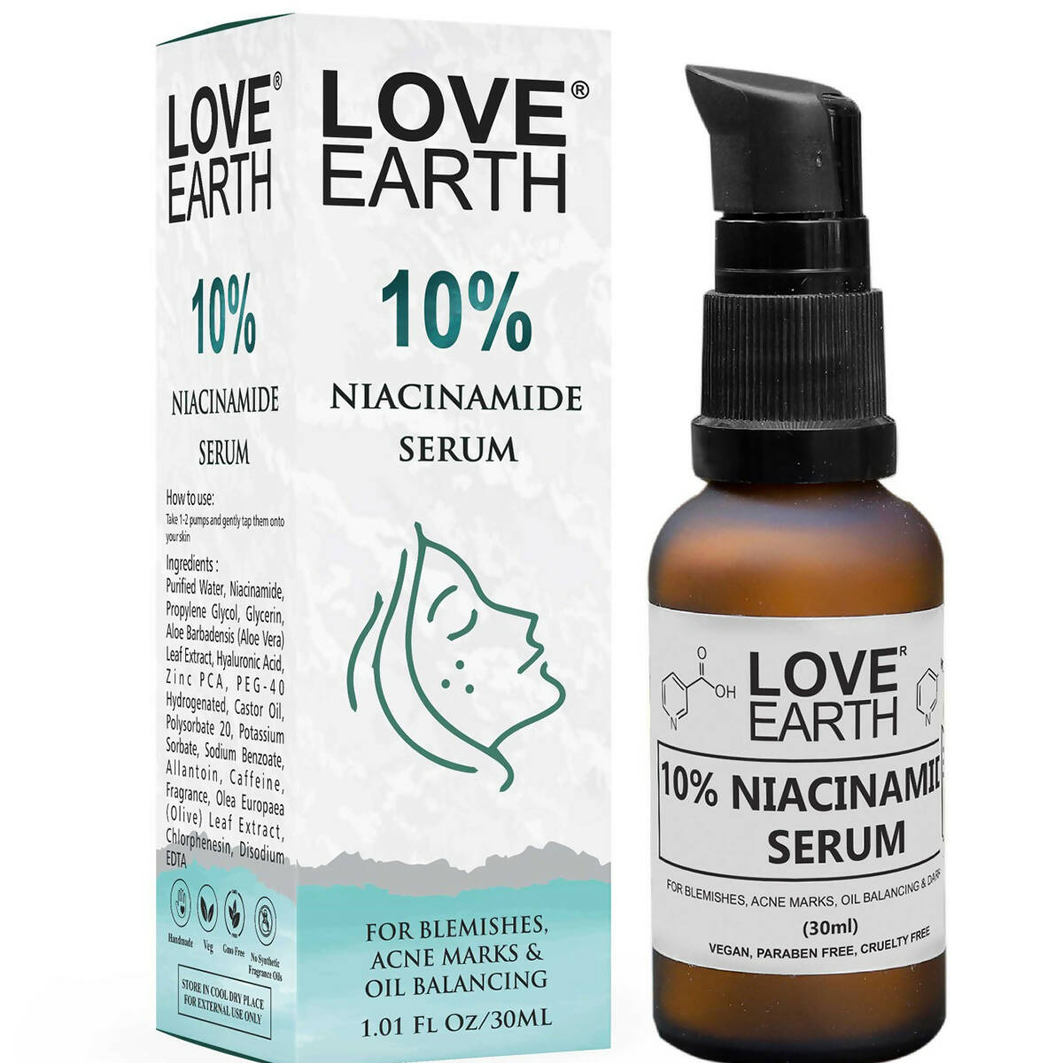 Love Earth 10% Niacinamide Serum bottle and packaging on a white background