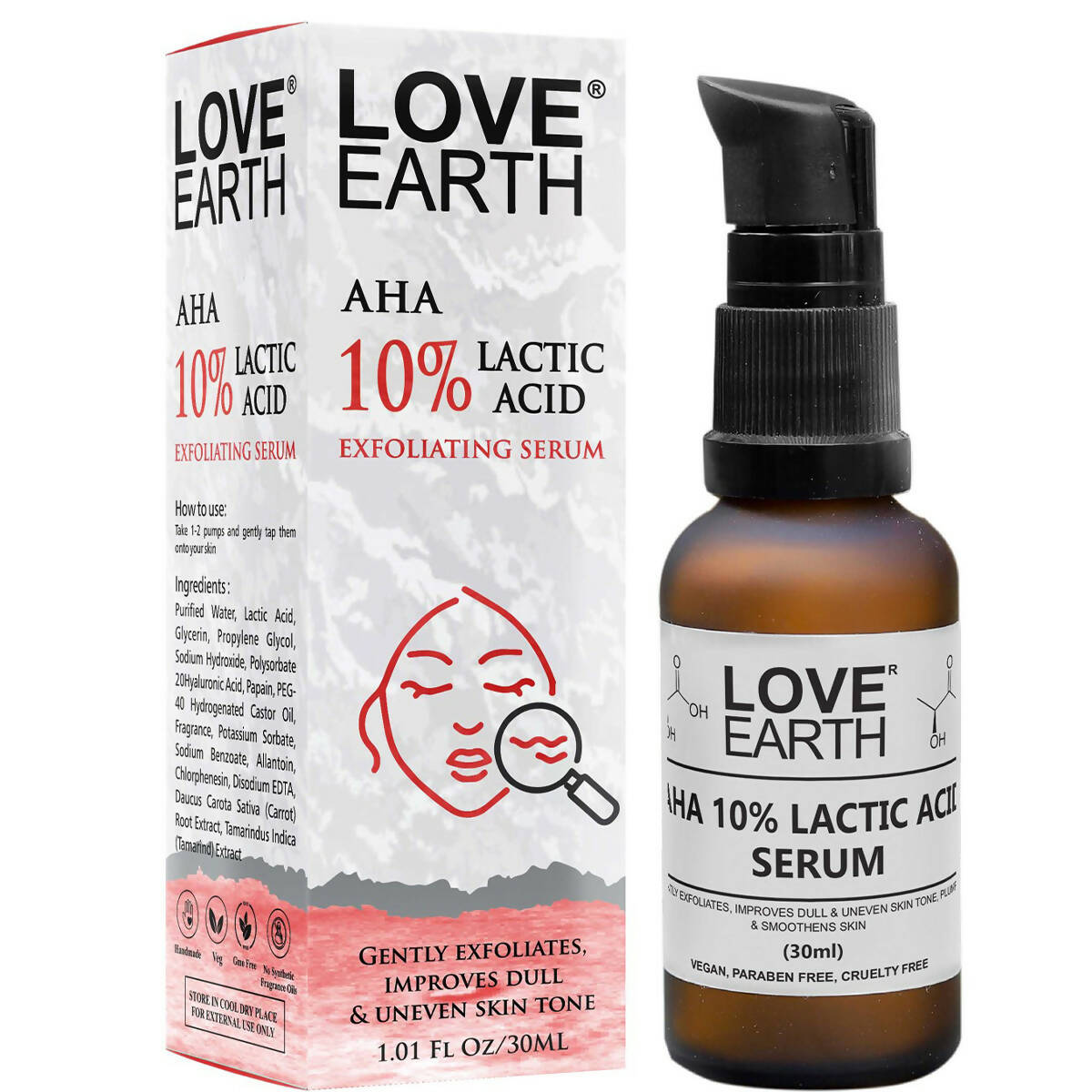 Love Earth AHA 10% Lactic Acid Exfoliating Serum with packaging on a white background