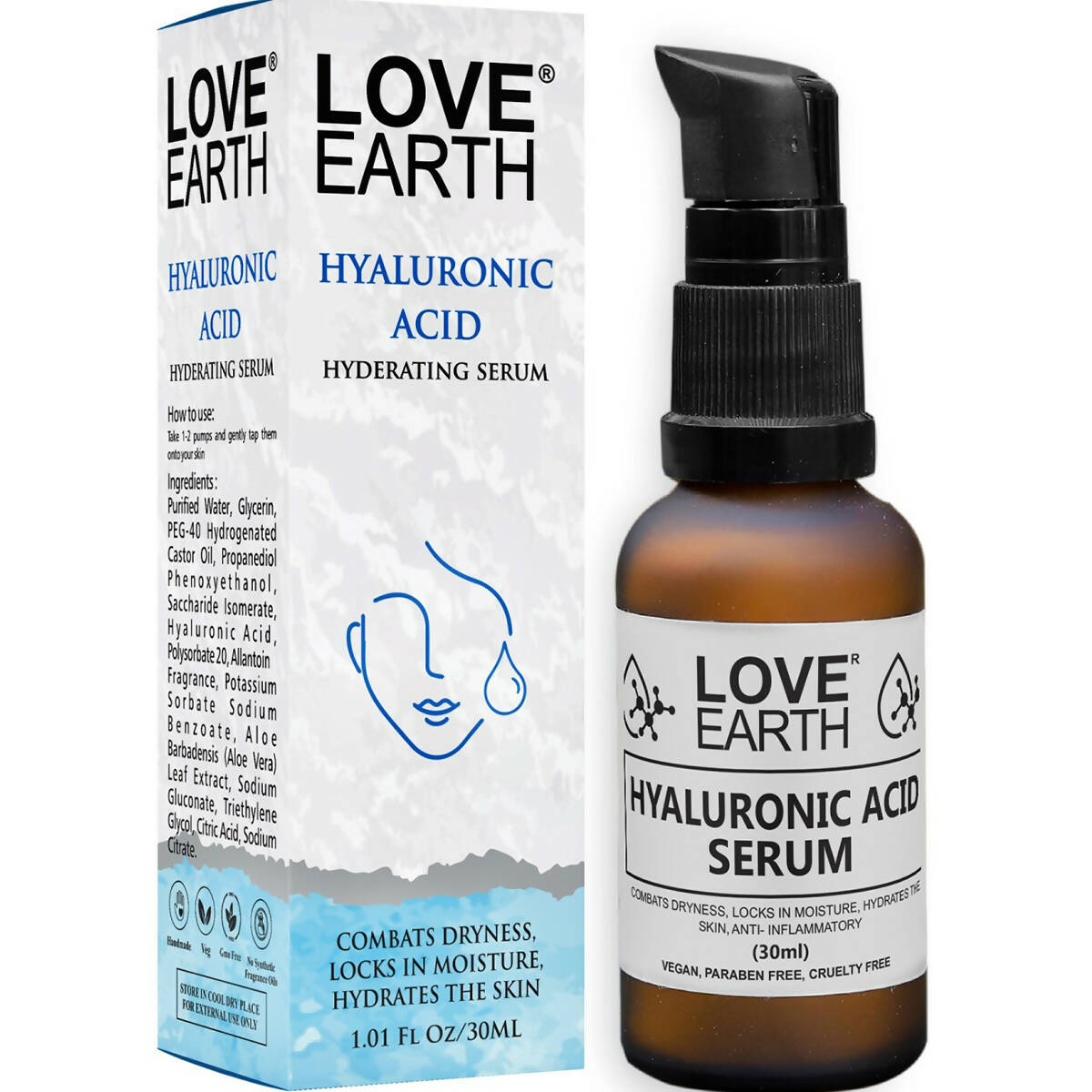 Love Earth Hyaluronic Acid serum bottle and packaging on a white background