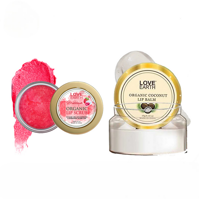 Love Earth organic lip scrub and lip balm on a white background