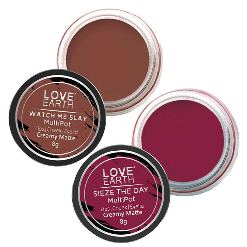 Love Earth Lip Tint & Cheek Tint Multipot Combo Raspberry Pink & Caramel Brown