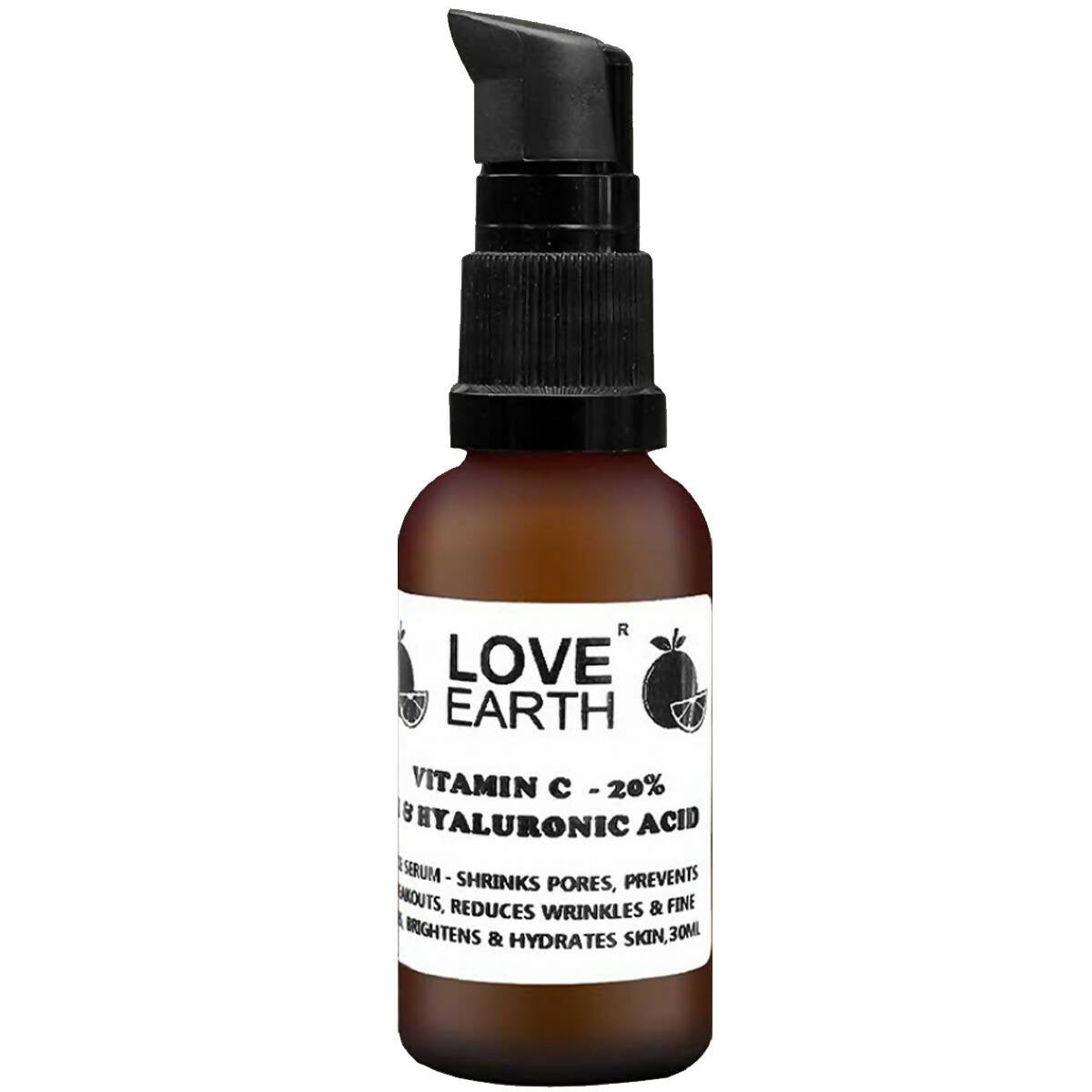 Brown bottle with black pump and 'Love Earth' label on a white background