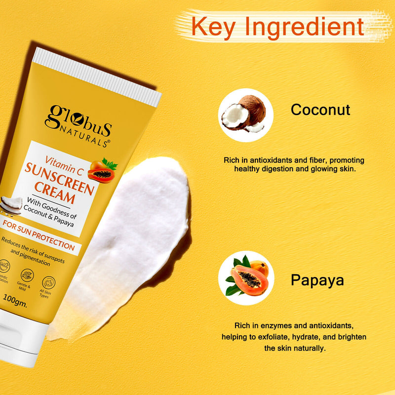 Globus Naturals Vitamin C Sunscreen Cream with Goodness of Coconut & Papaya For Sun Protection All Skin Types
