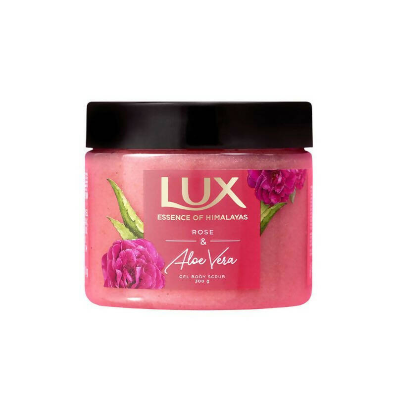 Lux gel body scrub jar with pink packaging and black lid on a white background