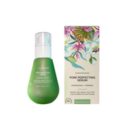 Green serum bottle and floral packaging on a white background