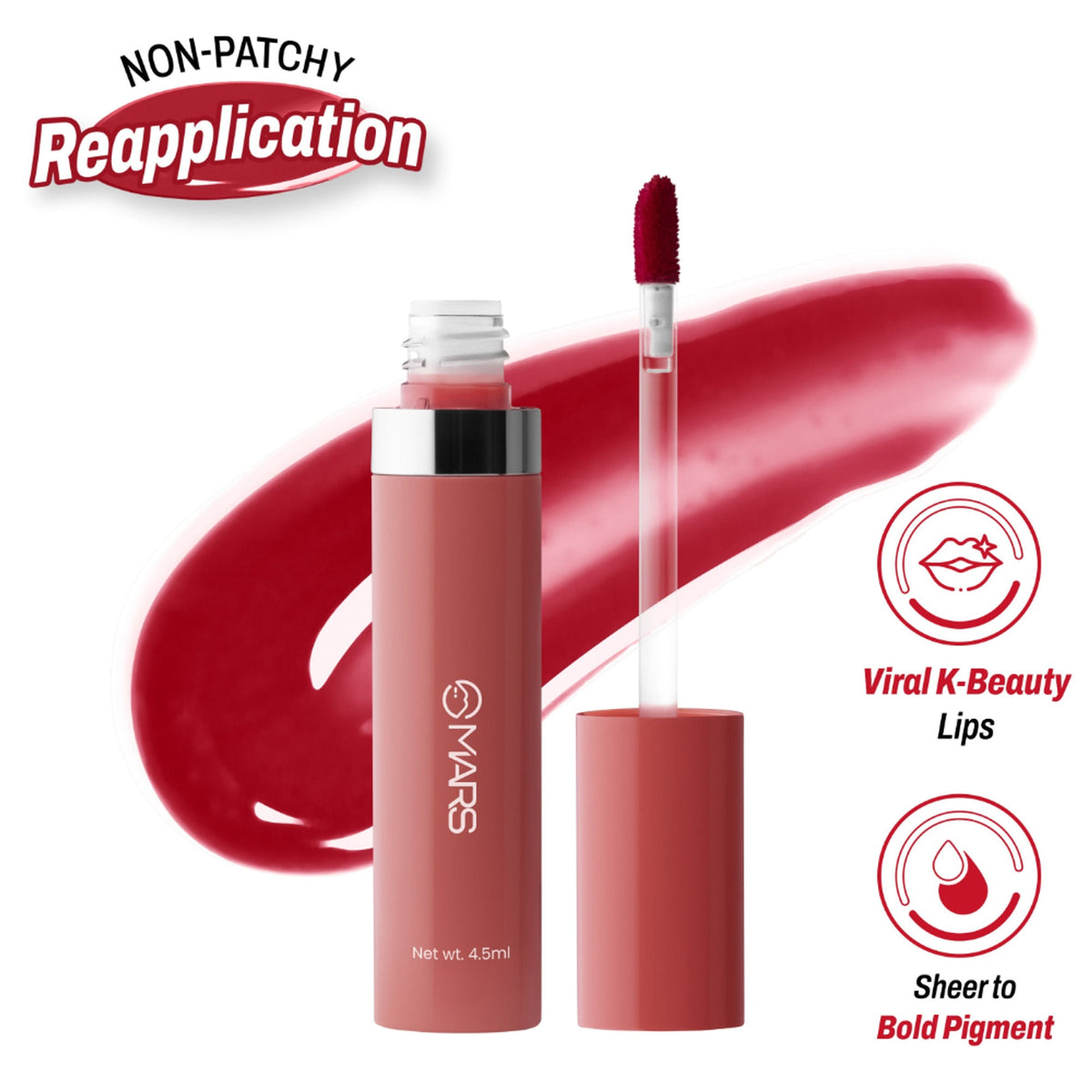 Lip gloss with applicator and brand logo on a white background