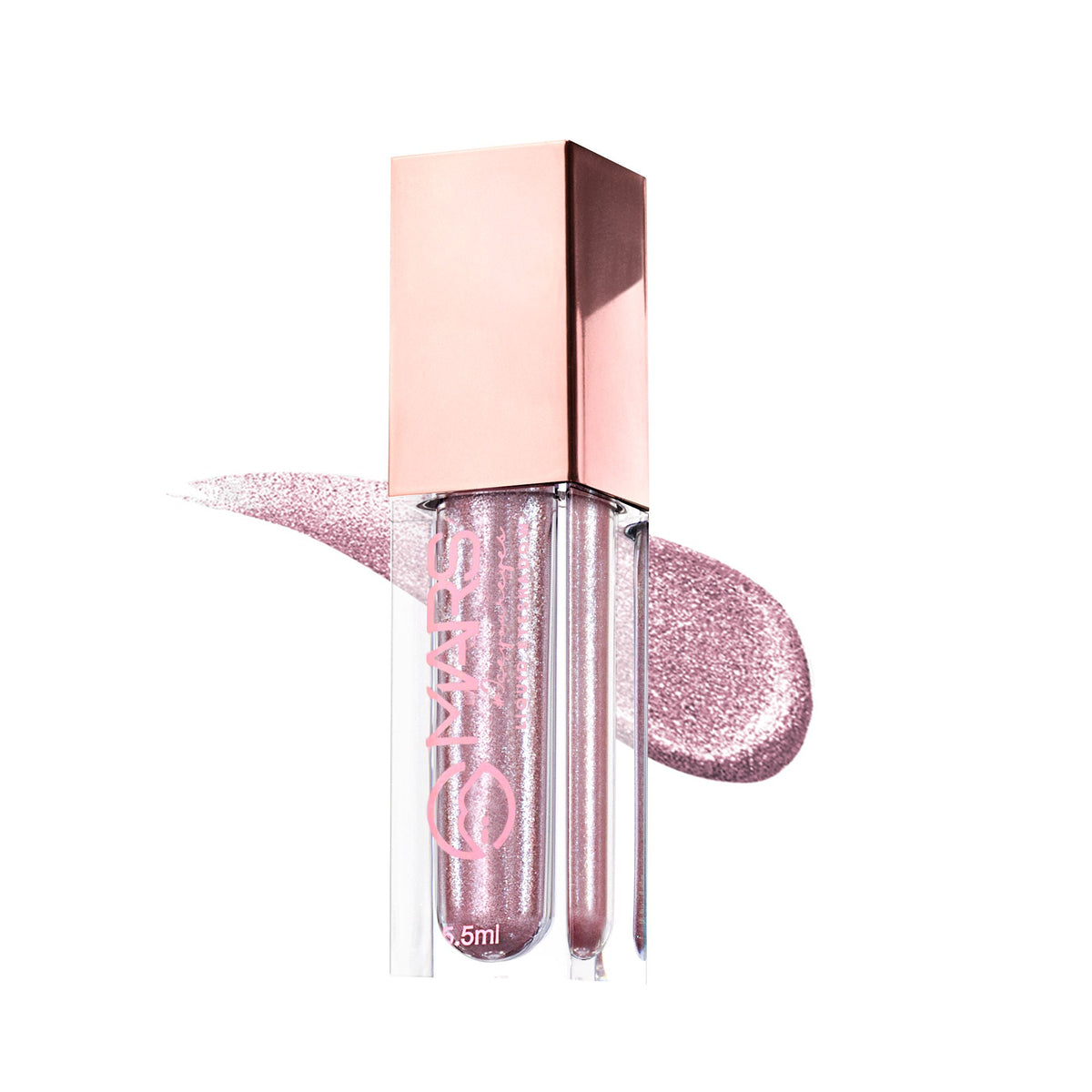 Pink lip gloss with glittery applicator on a white background