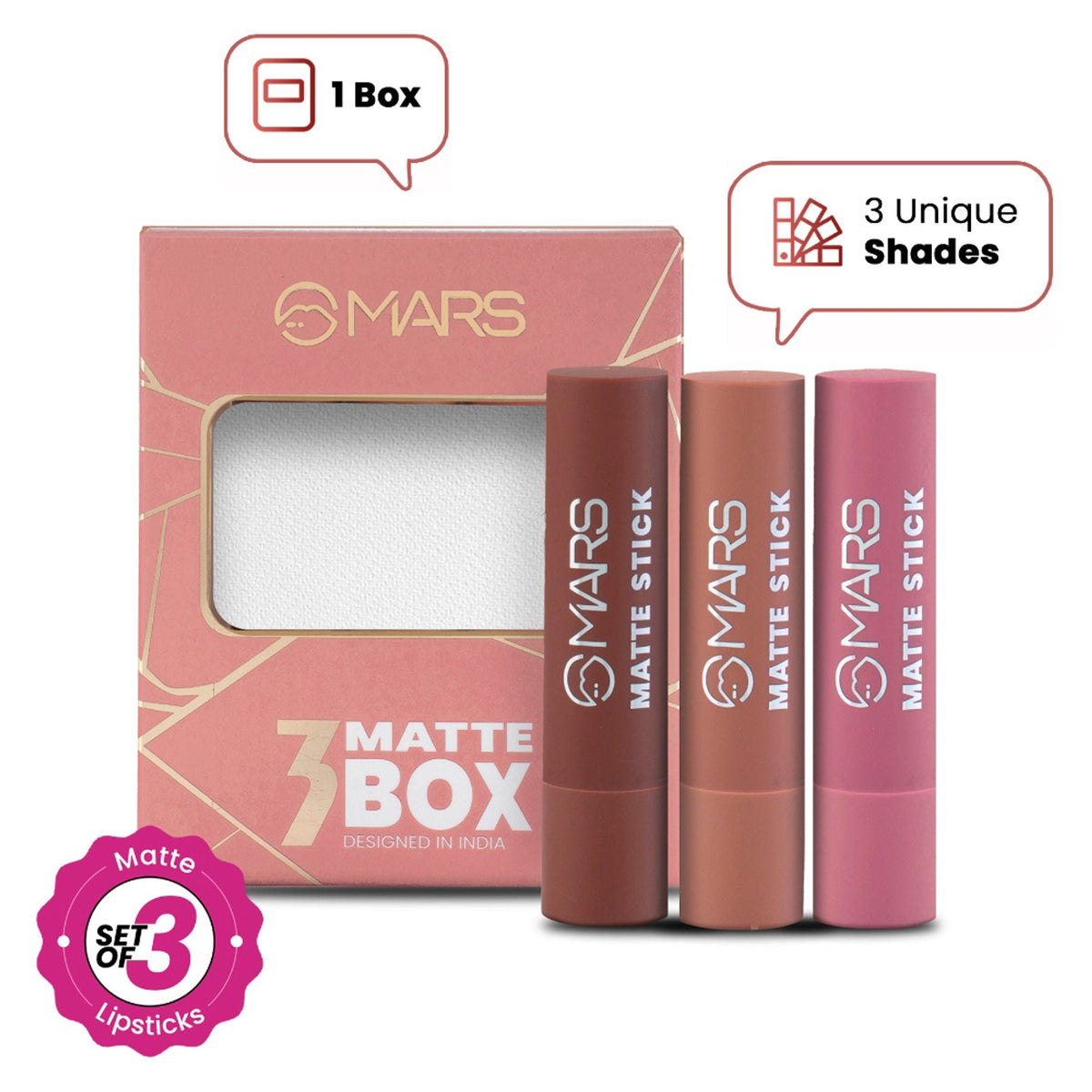 MARS matte lipstick set with packaging on a white background