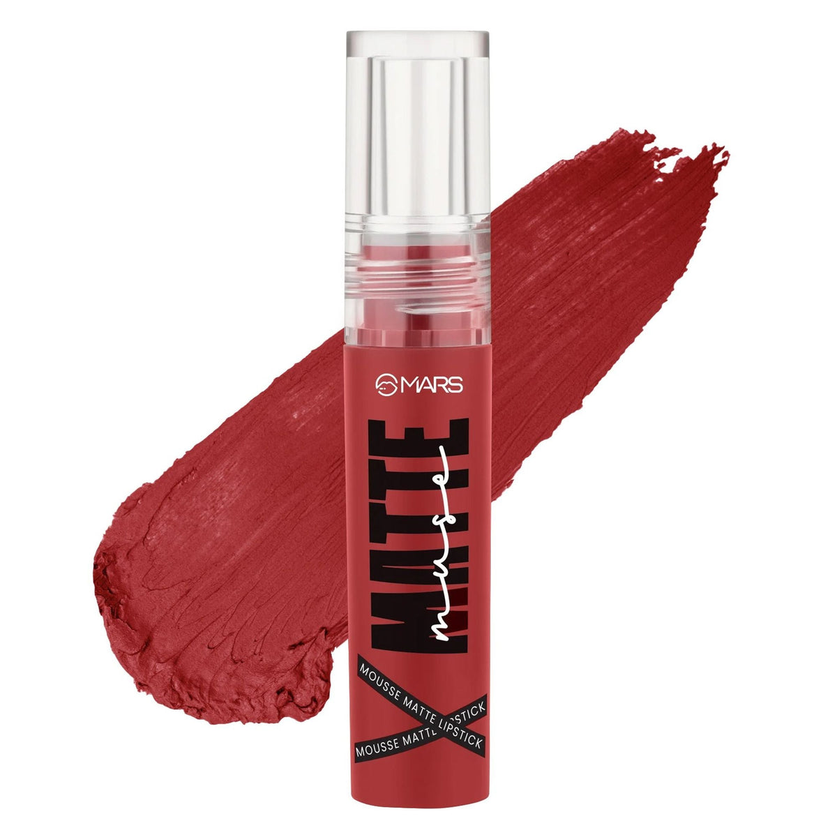 Lipstick tube with red color swatch on a white background