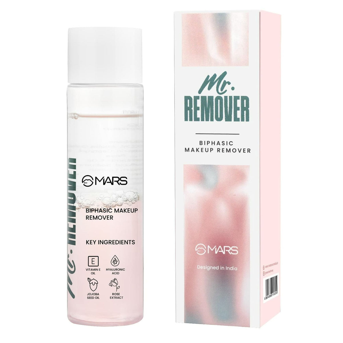 Mars Mr. Remover biphasic makeup remover bottle and packaging on a white background
