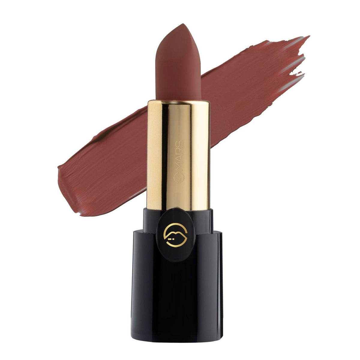 Lipstick with gold cap and black casing on a white background