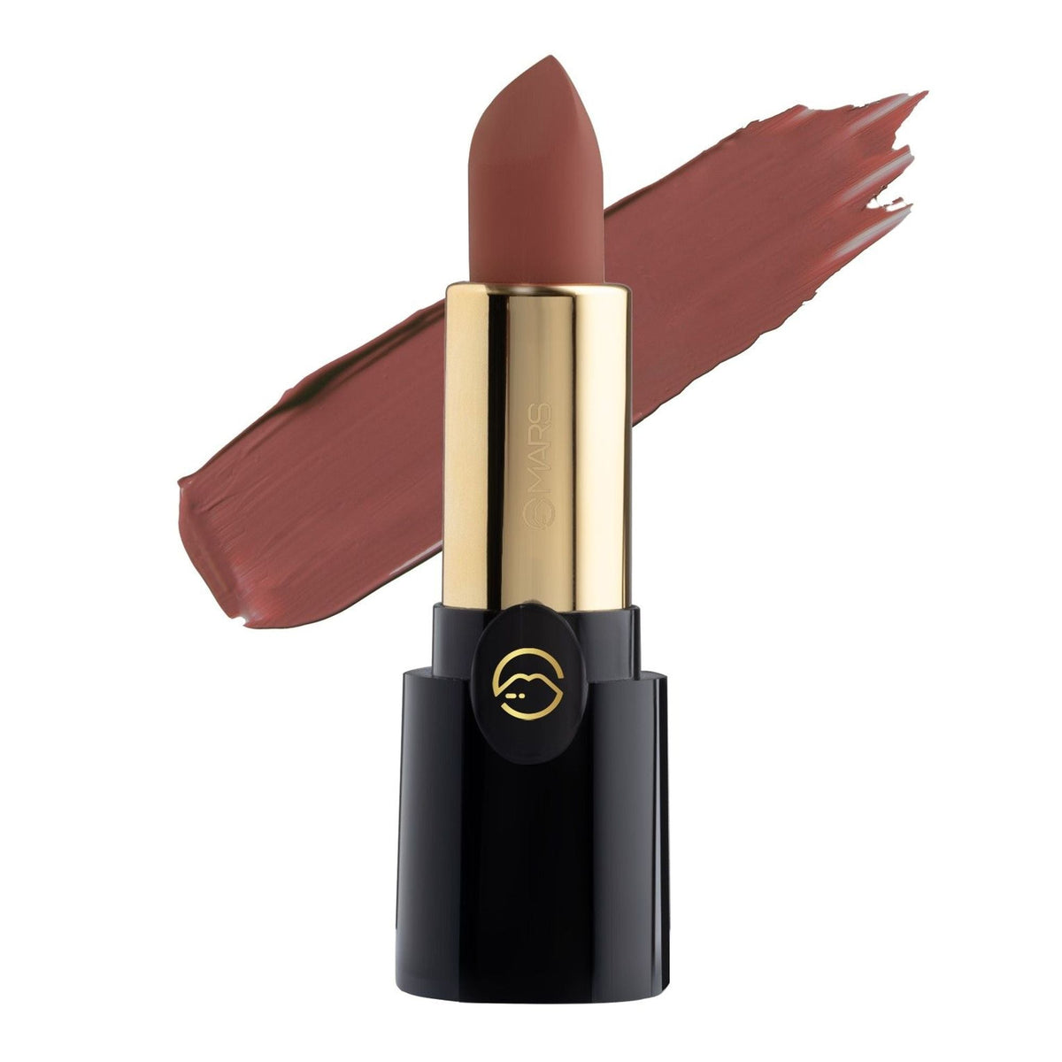 Lipstick with gold cap and black casing on a white background