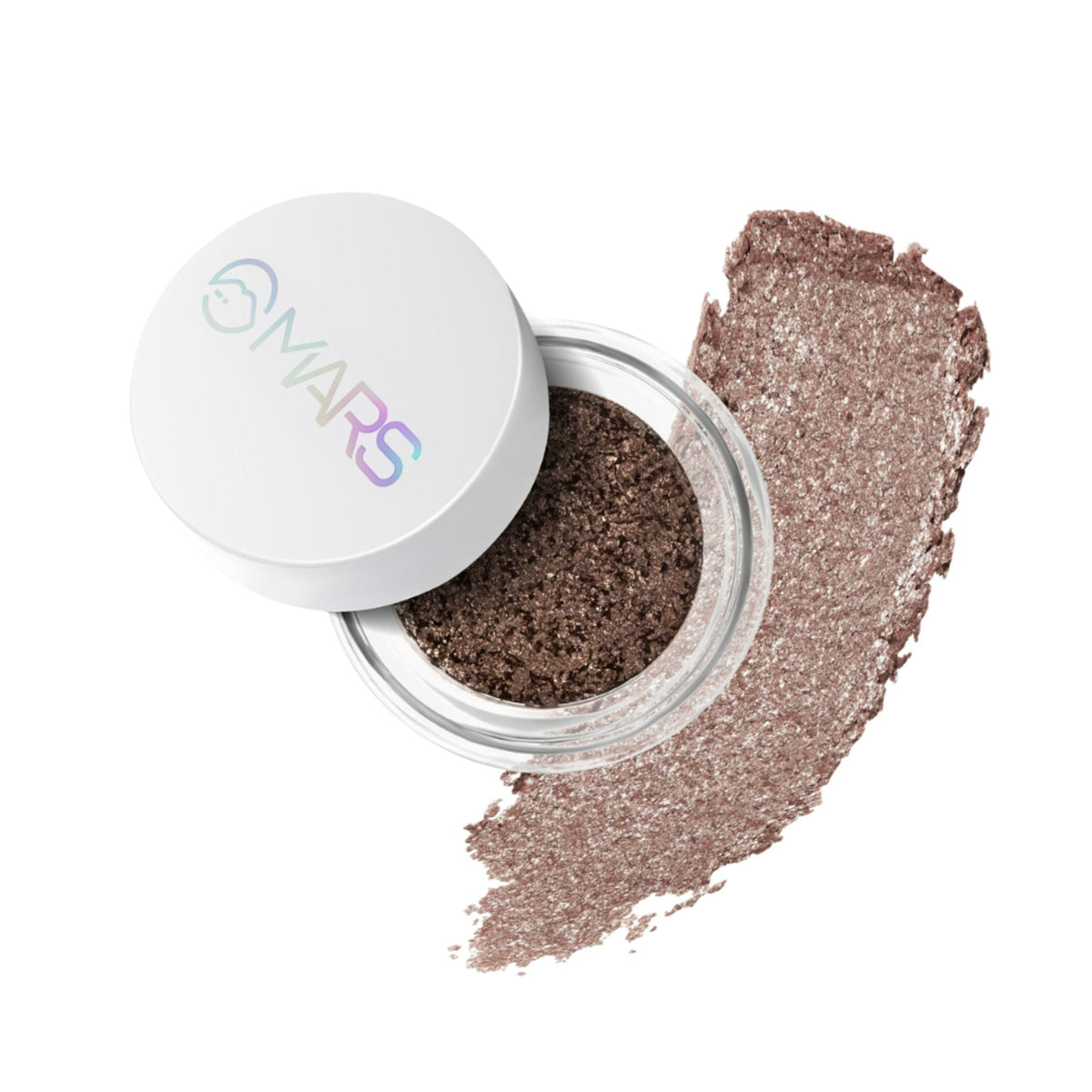 Open makeup container with brown eyeshadow and MARS logo on a white background