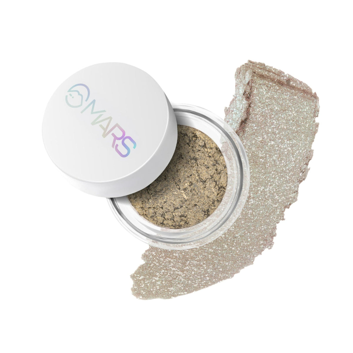 Open jar of glittery powder with a swatch on a white background, featuring the brand 'MARS'.