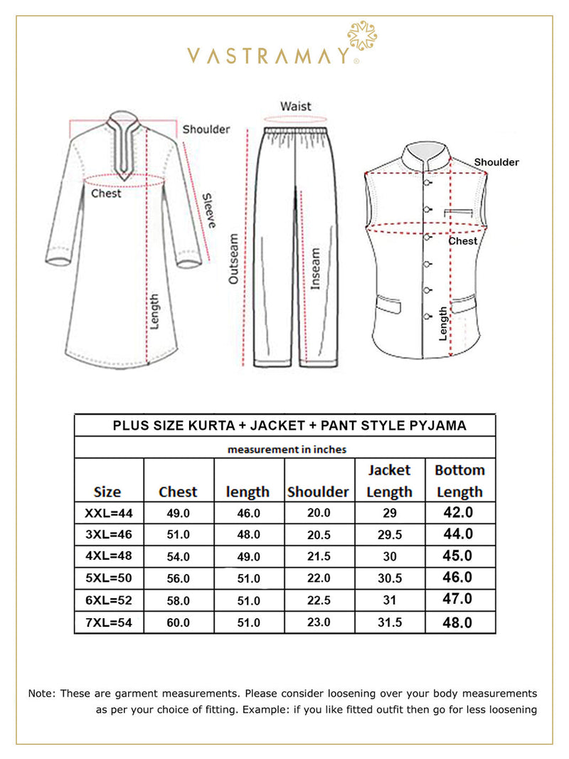 Men's Plus Size Orange Matka Silk Nehru Jacket With Cream Silk Blend Kurta And Pant Style Pyjama Set