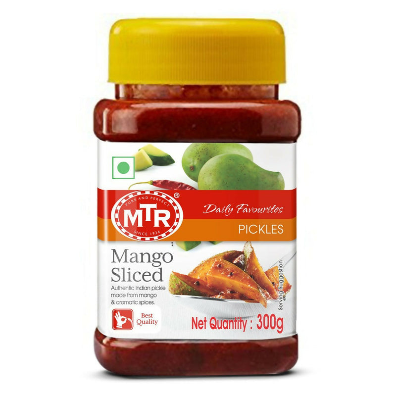 MTR Mango Sliced pickles jar with yellow lid on a white background