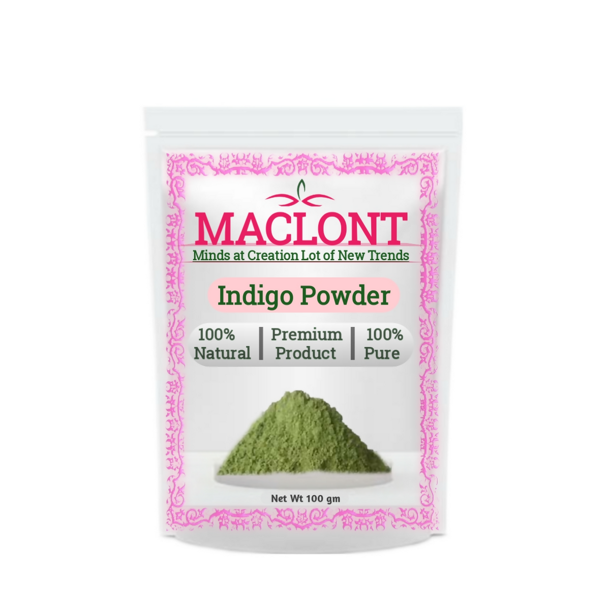 Bag of Maclont Indigo Powder with green powder on a white background