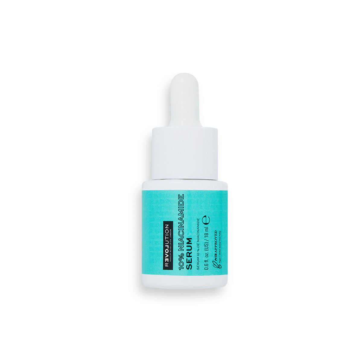 Skincare serum bottle with blue label on a white background