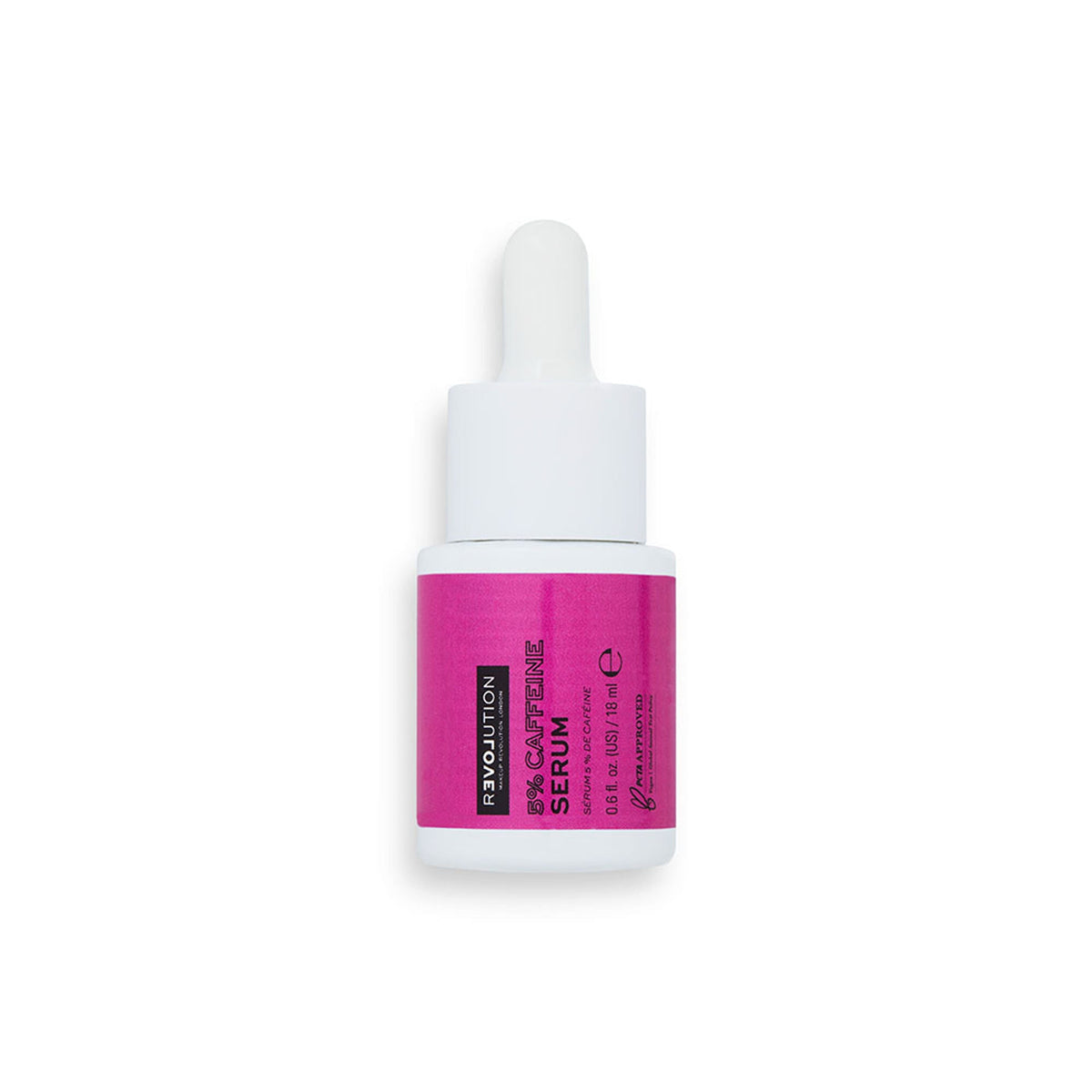 Serum bottle with pink label on a white background
