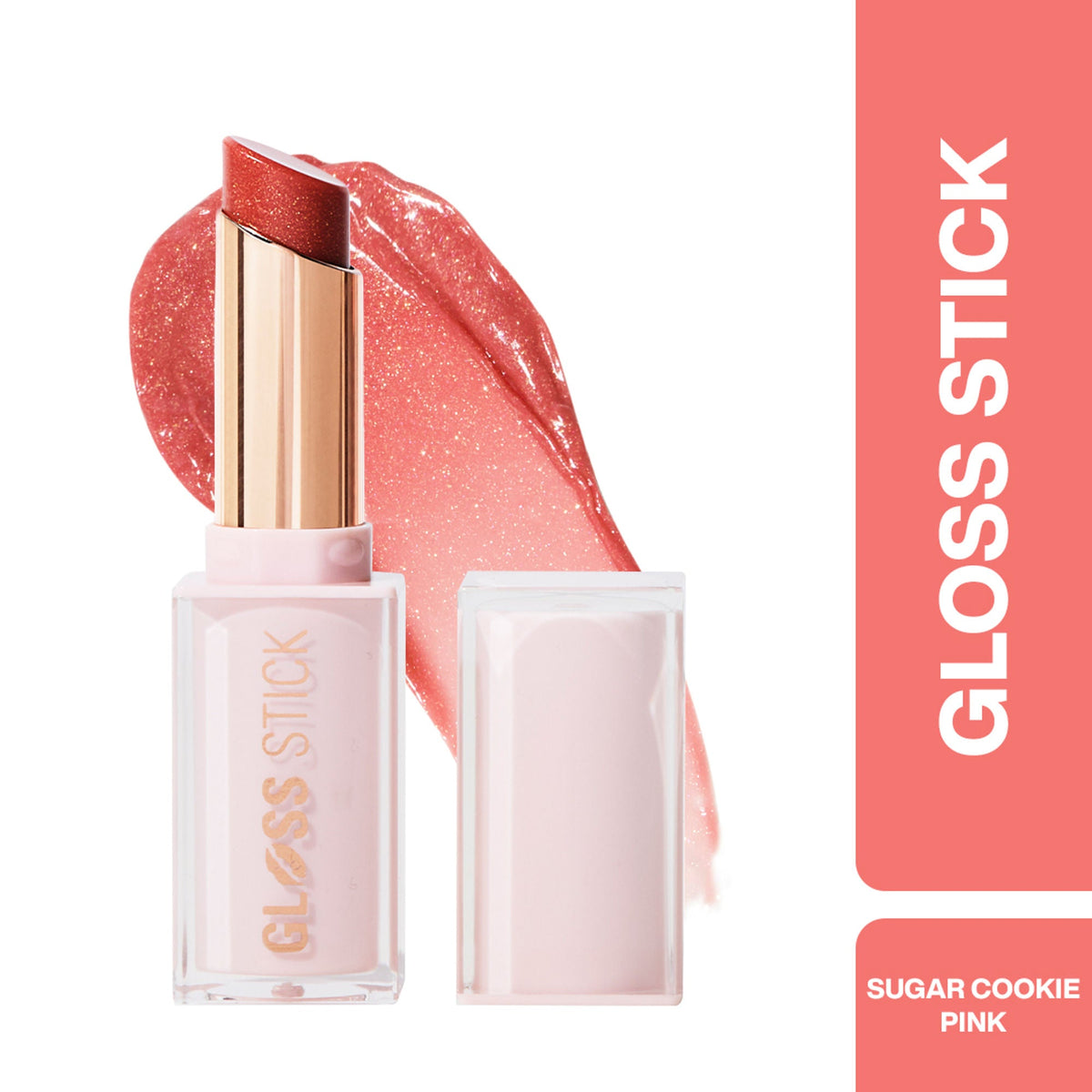 Gloss stick with pink packaging and applicator on a white background