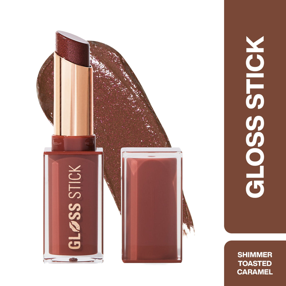 Gloss Stick in Shimmer Toasted Caramel with product and packaging on a white background